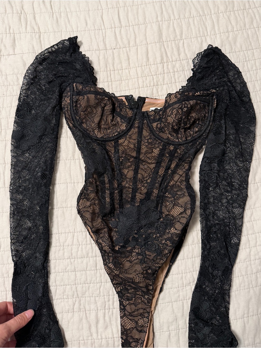 House of CB Black Lace Long Sleeve Sheer Bodysuit